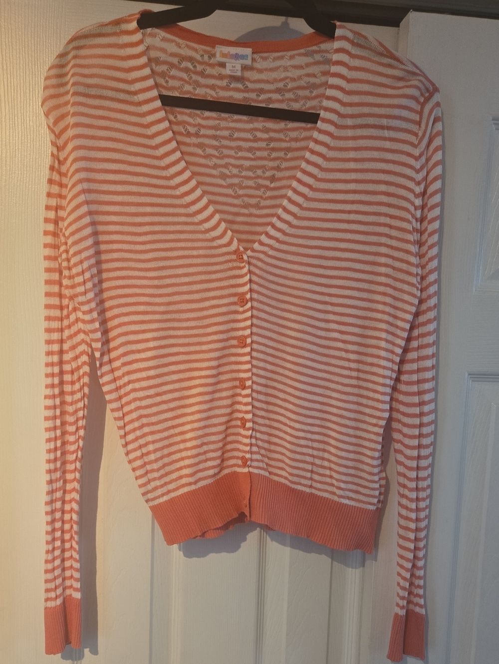 LuLaRoe Coral and White Striped V-Neck Button Cardigan